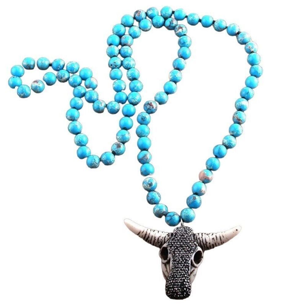 Brand New Womens Boho Western Cow Skull Long Knotted Pink Stone Beaded Necklace
